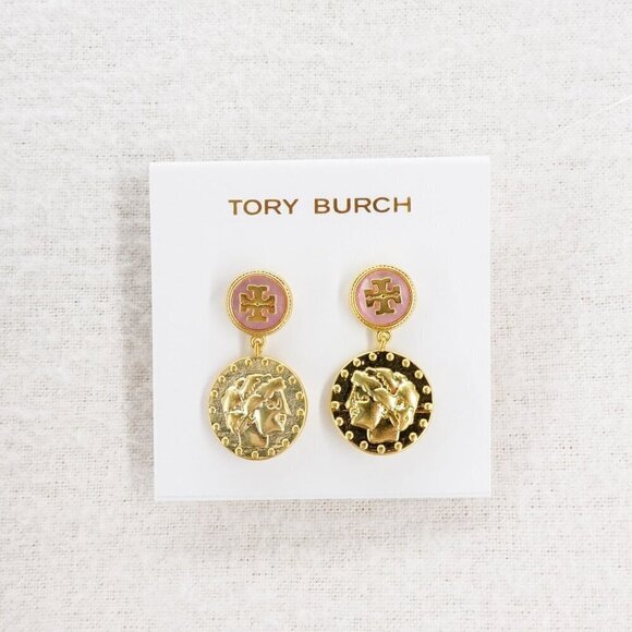 Tory Burch Mother of Pearl Logo Coin Medallion Drop Earrings Pink/Tory Gold OS - Picture 1 of 12